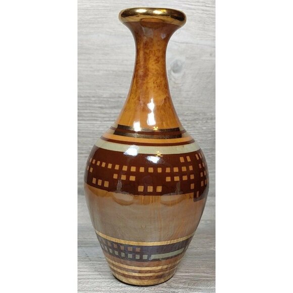 VTG Studio Art Pottery Gold Rim Hand Painted Brown Stoneware Pot Vase Dripped - Picture 5 of 12
